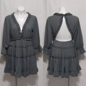 Vici Gray Open Back Ruffle V-neck Tiered Mini Dress Skater Boho Romantic Large